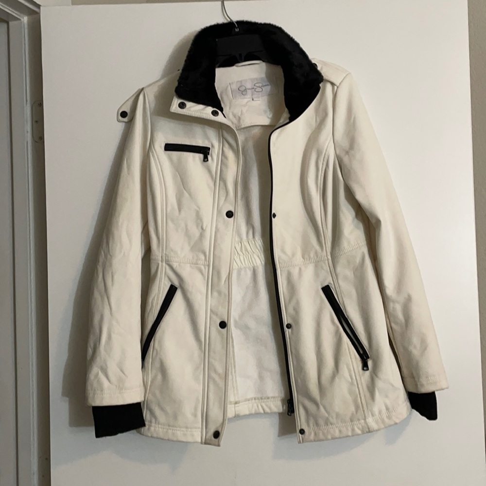 Jessica Simpson cream rain coat with fur collar